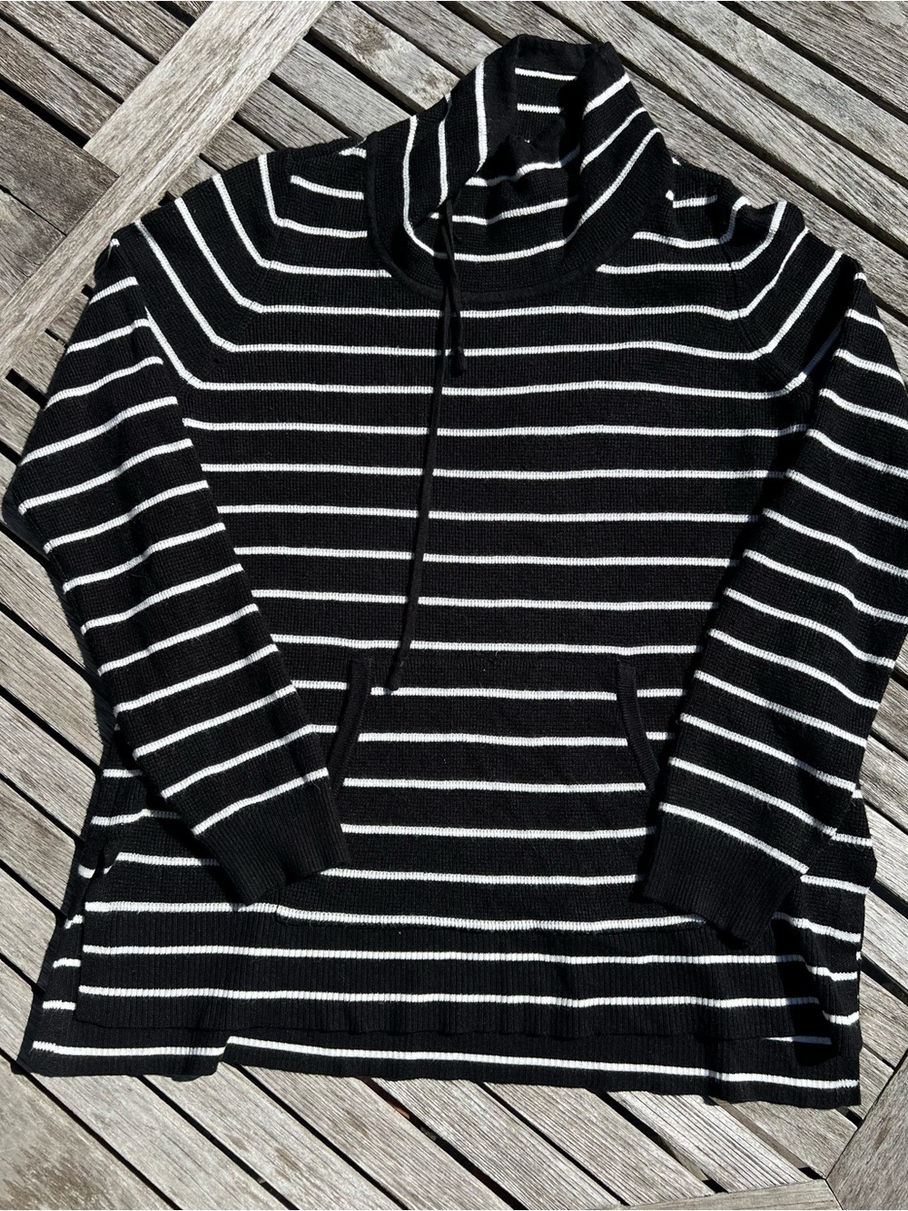 Cyrus Black & White Striped Women's Pullover drawstring turtleneck Sweater
